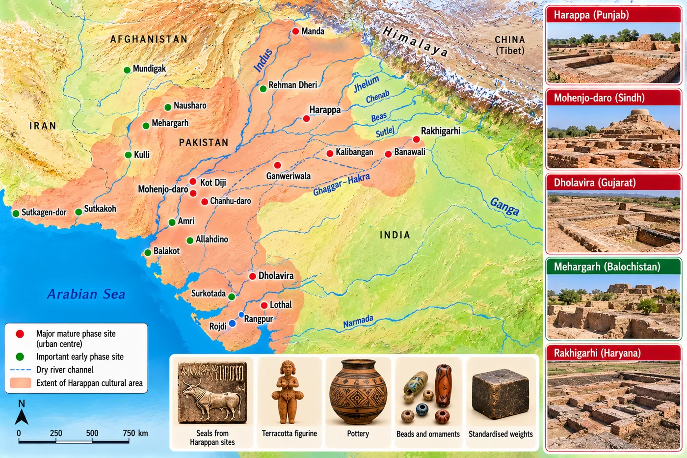 Map of the Harappan cultural area across Pakistan and north-western India marking mature sites such as Harappa, Mohenjo-daro, Dholavira, Lothal, Kalibangan and Rakhigarhi and early sites such as Mehrgarh, with photos of excavated sites and objects