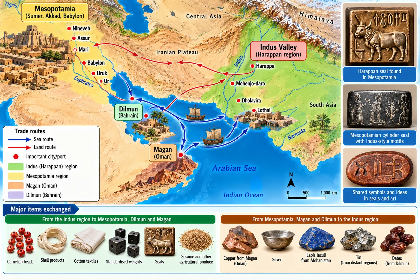 Map of trade routes by land and sea linking Harappa, Mohenjo-daro, Dholavira and Lothal with Dilmun (Bahrain), Magan (Oman) and the cities of Mesopotamia, with goods exchanged such as carnelian beads, shell, cotton, weights, seals, copper, silver, lapis lazuli, tin and dates