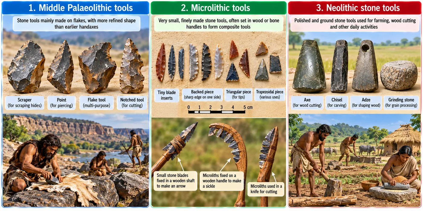 Three panels: Middle Palaeolithic scraper, point, flake and notched tools; tiny microliths fixed into wooden arrows, sickles and knives; and polished Neolithic axe, chisel, adze and a grinding stone