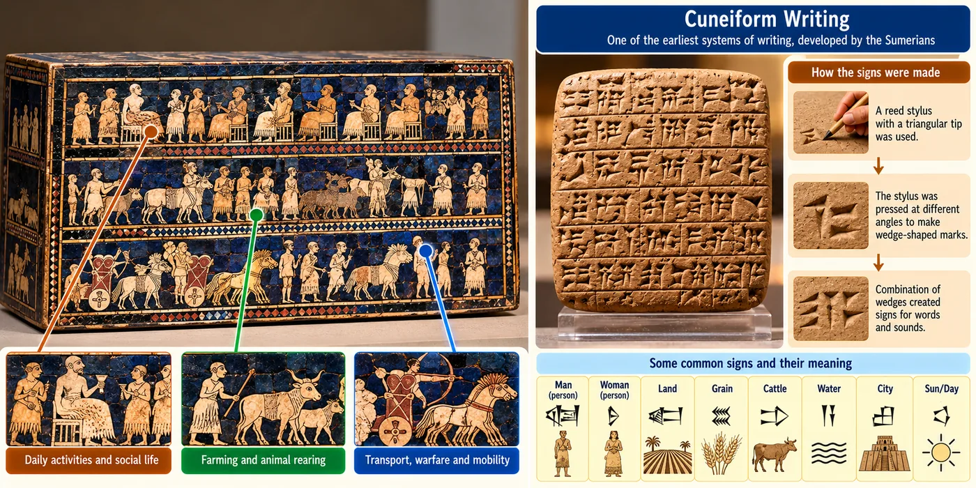 Left: a decorated Sumerian box showing banquets, farming and animals, and war carts. Right: a cuneiform clay tablet, how a reed stylus made wedge marks, and a row of real cuneiform signs for man, woman, land, grain, cattle, water, city and sun