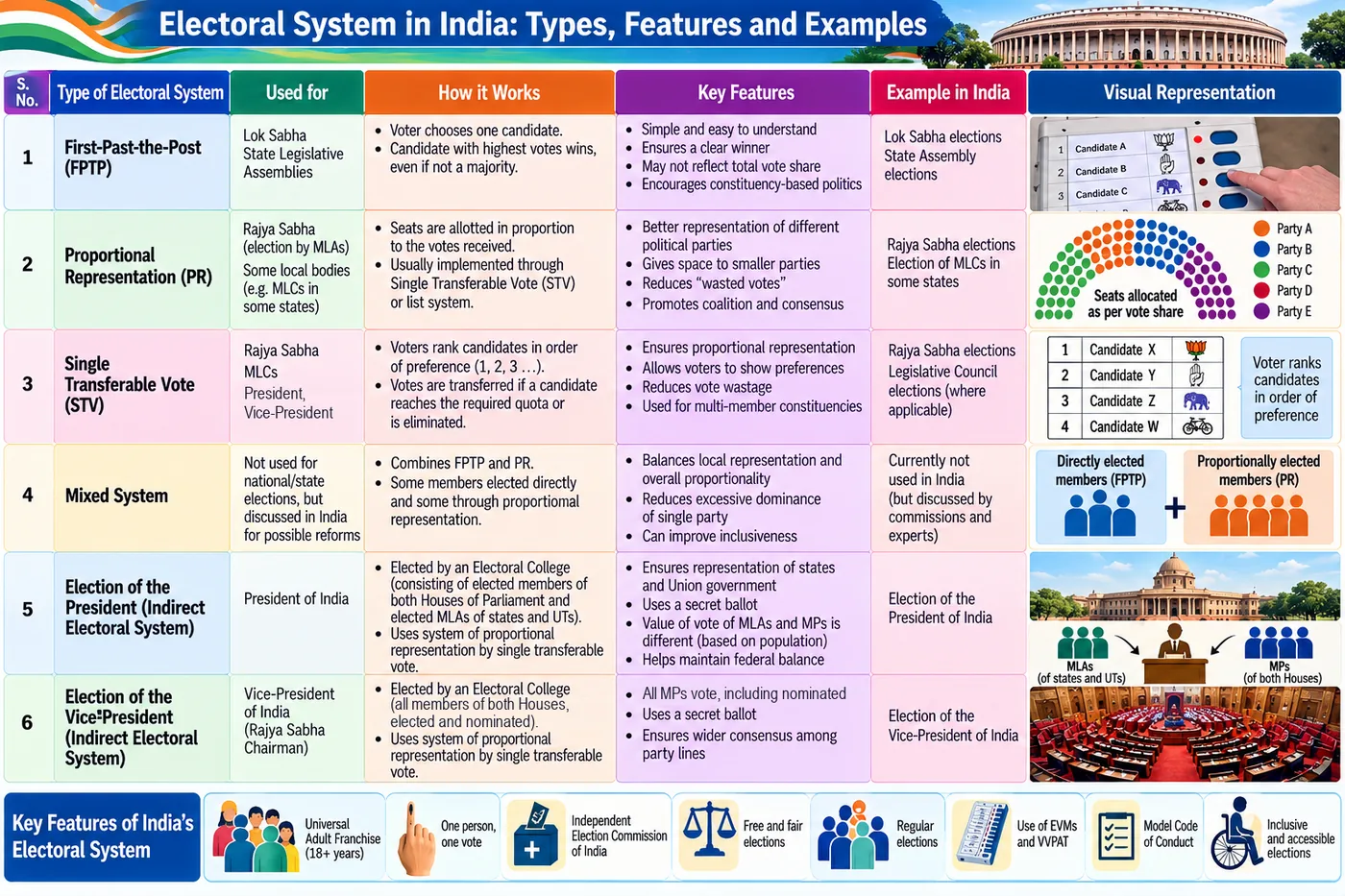 Table of India's electoral systems — first-past-the-post, proportional representation, single transferable vote, mixed system, and the indirect elections of the President and Vice-President — with how each works, key features, examples and visuals, plus key features of India's electoral system