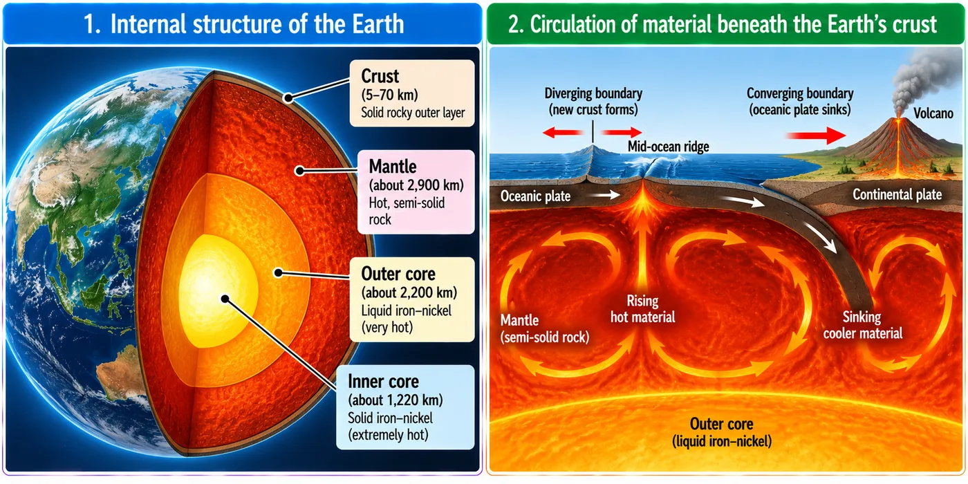 Left: cut-away Earth showing crust, mantle, outer core and inner core with thicknesses. Right: convection currents in the mantle, a mid-ocean ridge where plates move apart, and an oceanic plate sinking beneath a continental plate with a volcano