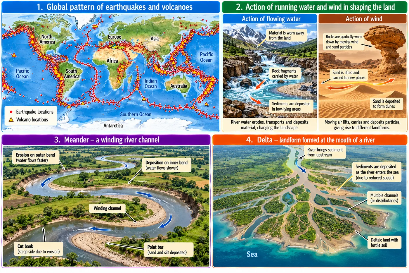 Four panels: world map of earthquakes and volcanoes along plate boundaries; flowing water and wind eroding and depositing; a meandering river with cut bank and point bar; and a delta with many distributaries entering the sea