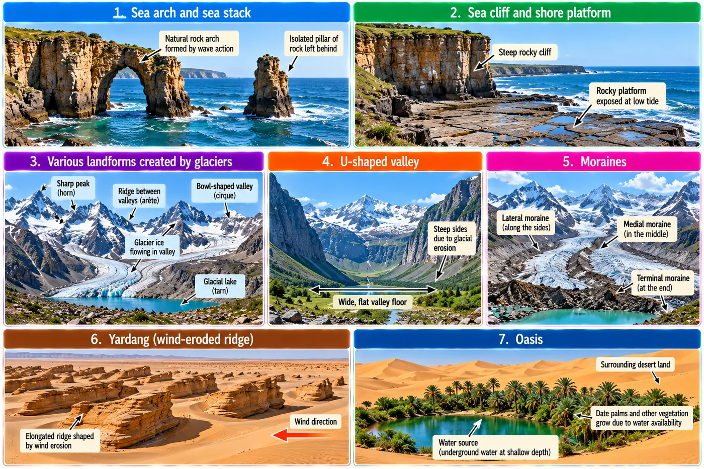 Seven panels: sea arch and sea stack, sea cliff with shore platform, glacial landforms with horn, arete, cirque and tarn, a U-shaped valley, lateral, medial and terminal moraines, wind-eroded yardangs, and a desert oasis