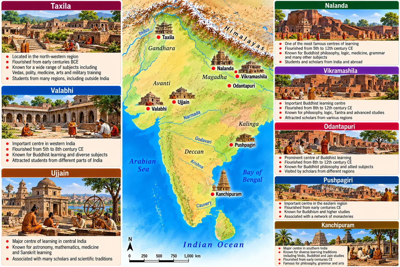 Map of India marking centres of learning — Taxila, Valabhi, Ujjain, Nalanda, Vikramashila, Odantapuri, Pushpagiri and Kanchipuram — with pictures and notes on each