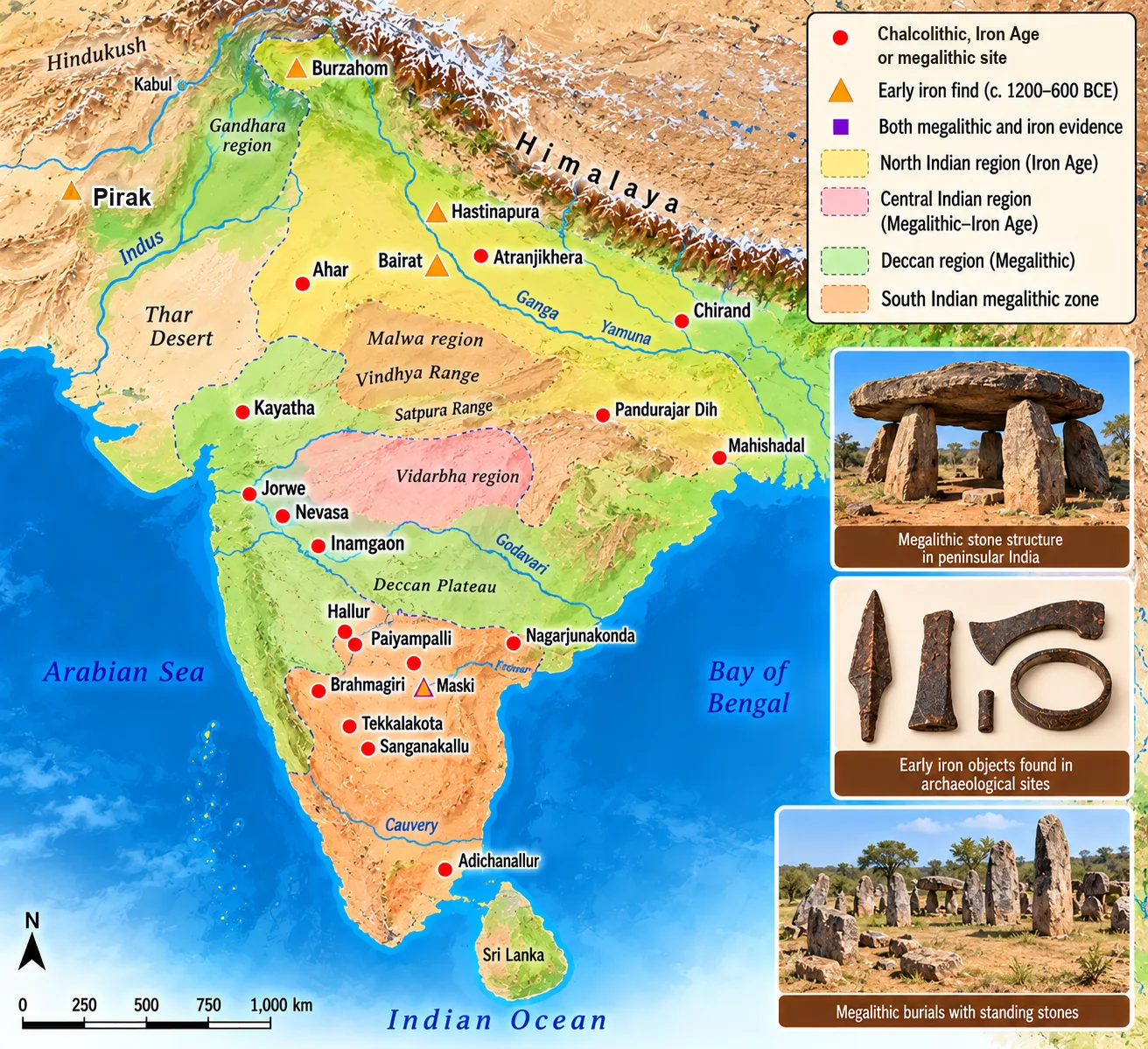 Map of the subcontinent marking Chalcolithic, Iron Age and megalithic sites such as Burzahom, Pirak, Hastinapura, Atranjikhera, Ahar, Jorwe, Inamgaon, Hallur, Maski, Brahmagiri and Adichanallur, with photos of a dolmen, early iron objects and standing-stone burials