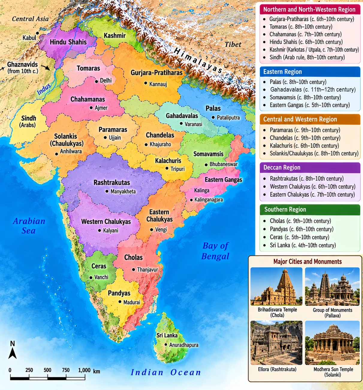 Map of the subcontinent around the 6th to 10th centuries showing the Gurjara-Pratiharas, Palas, Rashtrakutas, Western and Eastern Chalukyas, Cholas, Pandyas, Paramaras, Chandelas, Hindu Shahis, Kashmir and others with their capitals, and pictures of major monuments