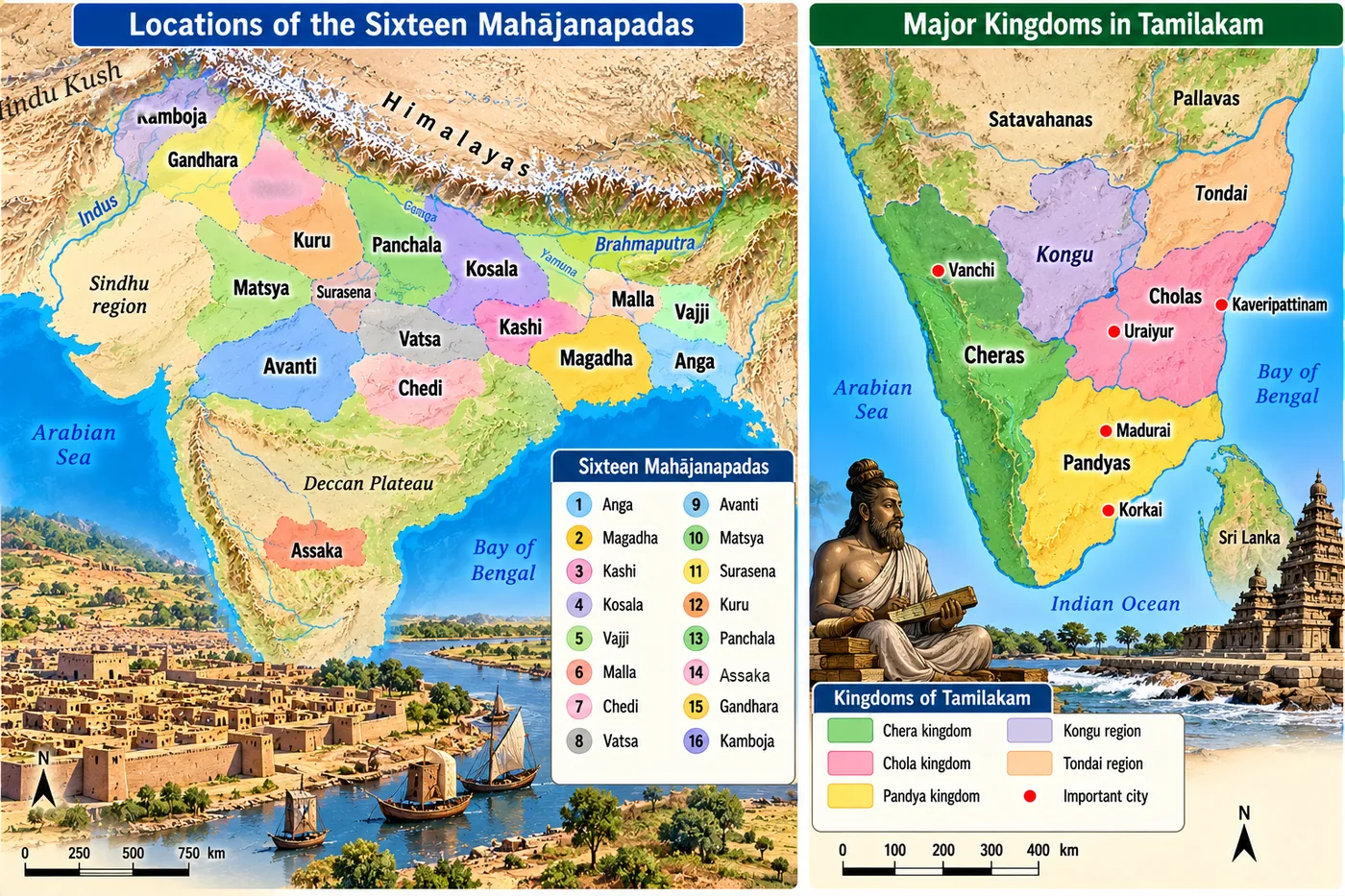 Left: map of the sixteen mahajanapadas from Kamboja and Gandhara in the north-west to Anga in the east and Assaka in the Deccan, with a numbered list. Right: map of Tamilakam showing the Chera, Chola and Pandya kingdoms with Vanchi, Uraiyur, Kaveripattinam, Madurai and Korkai