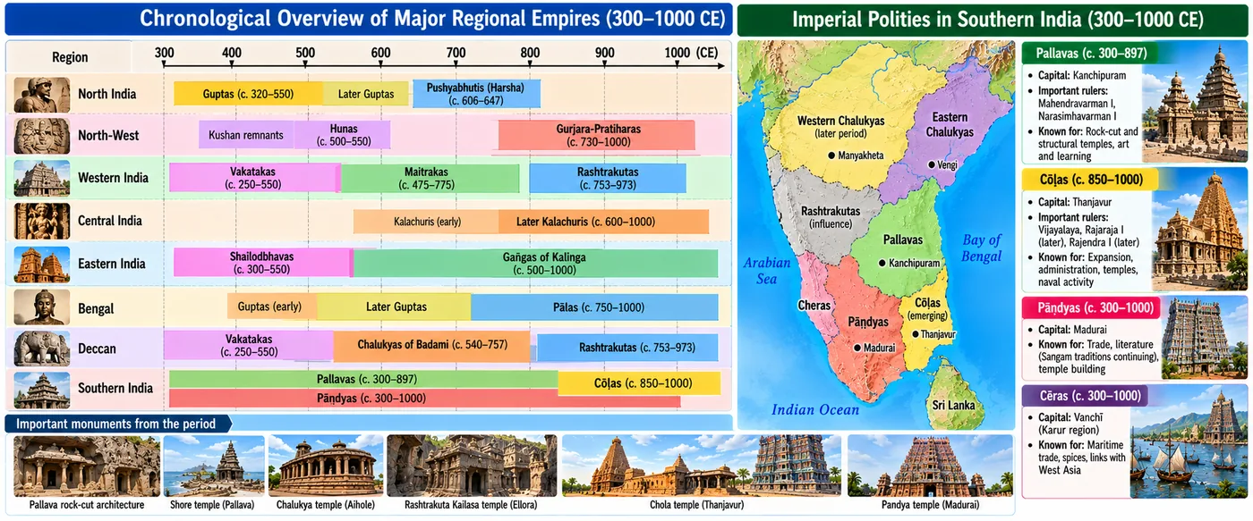 Chart of regional empires from 300 to 1000 CE by region — Guptas, Pushyabhutis, Gurjara-Pratiharas, Maitrakas, Rashtrakutas, Palas, Chalukyas of Badami, Pallavas, Cholas and Pandyas — with a map of southern polities and pictures of temples