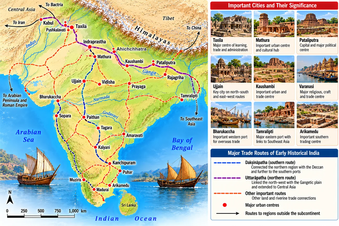 Map of early historical trade routes — the Uttarapatha from Taxila through Mathura and Kaushambi to Pataliputra, the Dakshinapatha through Ujjain and Paithan to the south — with ports such as Bharukaccha, Sopara, Muziris, Arikamedu, Puhar and Tamralipti, and pictures of important cities