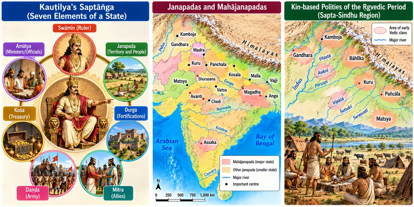 Three panels: Kautilya's seven elements of the state around an enthroned king; a map of janapadas and mahajanapadas; and a map of early Vedic clan areas in the Sapta-Sindhu region with the rivers Vitasta, Asikni, Parushni, Vipasha, Shutudri and Sarasvati