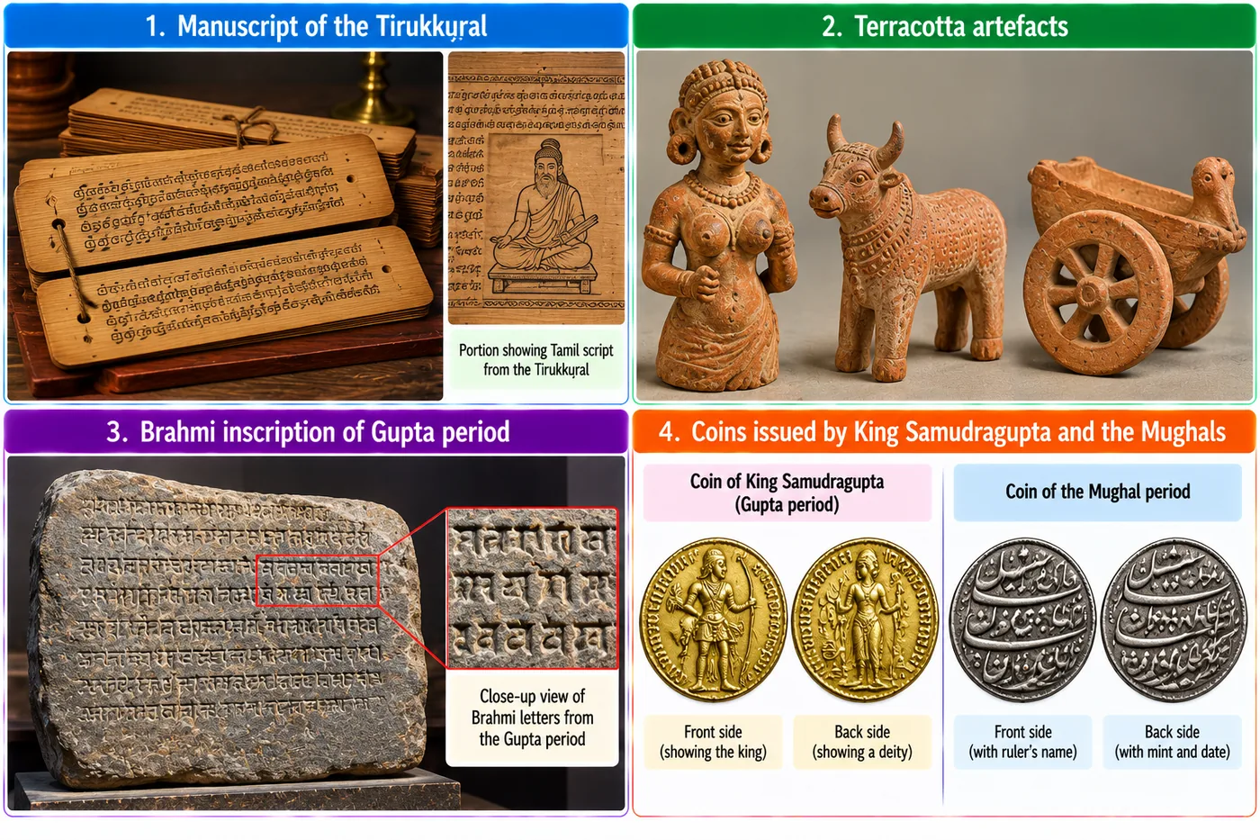 Four panels: a palm-leaf manuscript of the Tirukkural, terracotta figurines of a woman, a bull and a cart, a stone slab with inscribed letters, and gold Gupta and silver Mughal coins