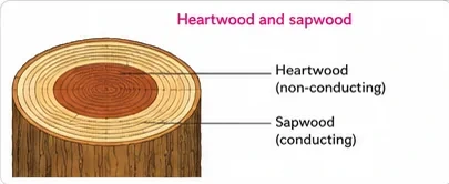 A tree stump with a dark central heartwood and a lighter outer sapwood