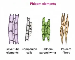 Sieve tube elements with sieve plates, narrow companion cells, phloem parenchyma and long pointed phloem fibres