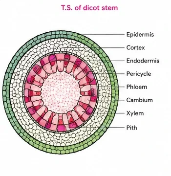 Transverse section of a dicot stem showing epidermis, cortex, endodermis, pericycle and a ring of vascular bundles with phloem, cambium and xylem around a central pith