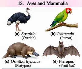 An ostrich Struthio and a green parrot Psittacula (birds), the duck-billed platypus Ornithorhynchus and the fruit bat Pteropus (mammals)
