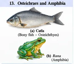 The bony fish Catla with scales and fins, and a green frog Rana