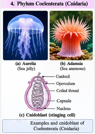 The jellyfish Aurelia (medusa form), the sea anemone Adamsia (polyp form), and a cnidoblast showing cnidocil, operculum, coiled thread, capsule and nucleus