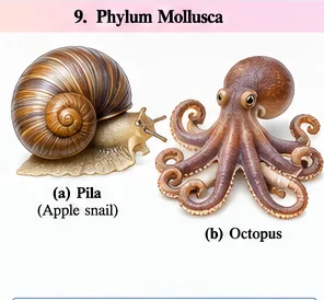 The apple snail Pila with a coiled shell and the eight-armed Octopus
