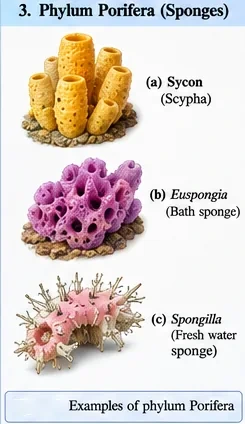 Sycon (Scypha) with vase-shaped tubes, the purple bath sponge Euspongia, and the freshwater sponge Spongilla with spicules