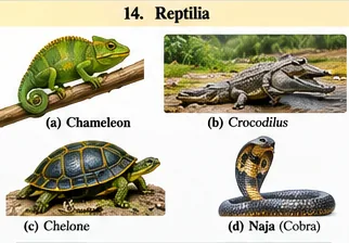 A green chameleon on a branch, a crocodile, a turtle labelled Chelone and a hooded cobra Naja