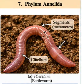 An earthworm Pheretima on soil with its ring-like segments (metameres) and clitellum labelled