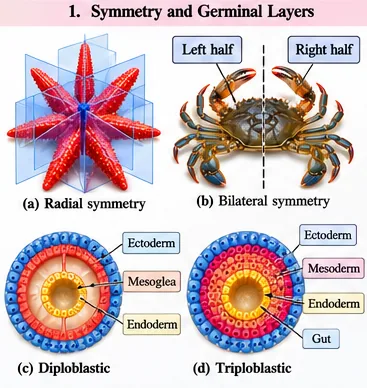 A starfish with several planes showing radial symmetry, a crab divided into left and right halves showing bilateral symmetry, and cross-sections of diploblastic (ectoderm, mesoglea, endoderm) and triploblastic (ectoderm, mesoderm, endoderm) body plans