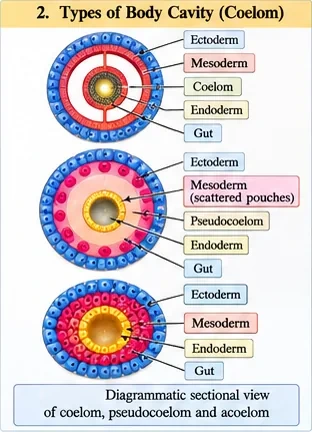 Three cross-sections: a coelomate with a mesoderm-lined coelom, a pseudocoelomate with scattered mesoderm pouches around a pseudocoelom, and an acoelomate with solid mesoderm and no cavity