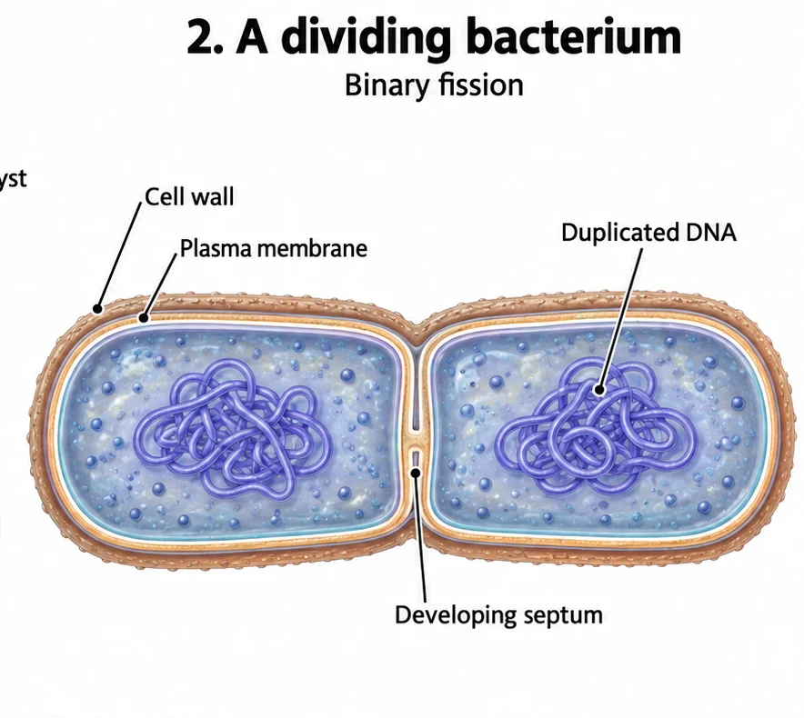 A rod-shaped bacterium constricting in the middle during binary fission, showing the cell wall, plasma membrane, duplicated DNA in each half and a developing septum