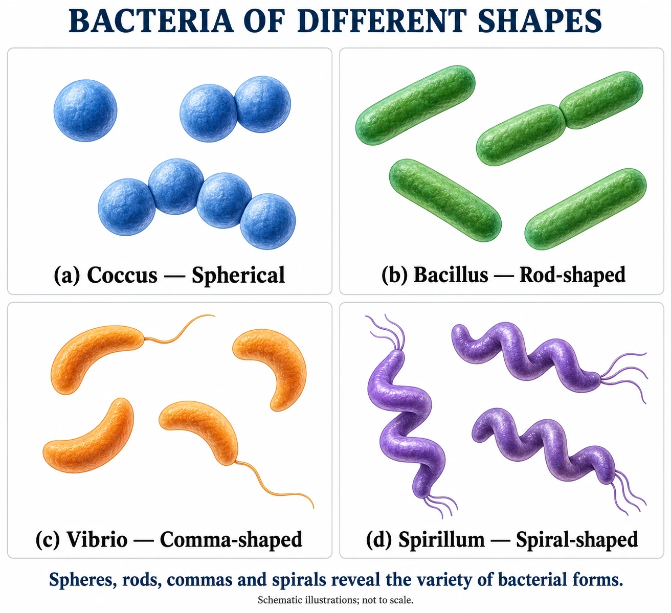 Four panels of bacteria: blue spherical cocci (single, paired and in a chain), green rod-shaped bacilli, orange comma-shaped vibrio with a flagellum, and purple spiral spirilla with tufts of flagella