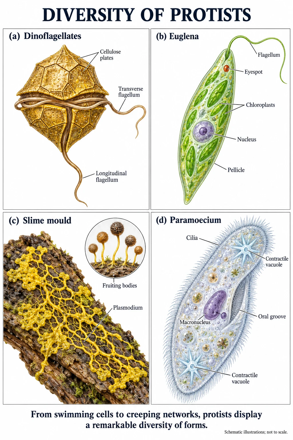 Four labelled protists: a golden dinoflagellate with cellulose plates and transverse and longitudinal flagella; a green Euglena with flagellum, eyespot, chloroplasts, nucleus and pellicle; a yellow slime-mould plasmodium on bark with stalked fruiting bodies; and a ciliated Paramecium with oral groove, macronucleus and contractile vacuoles