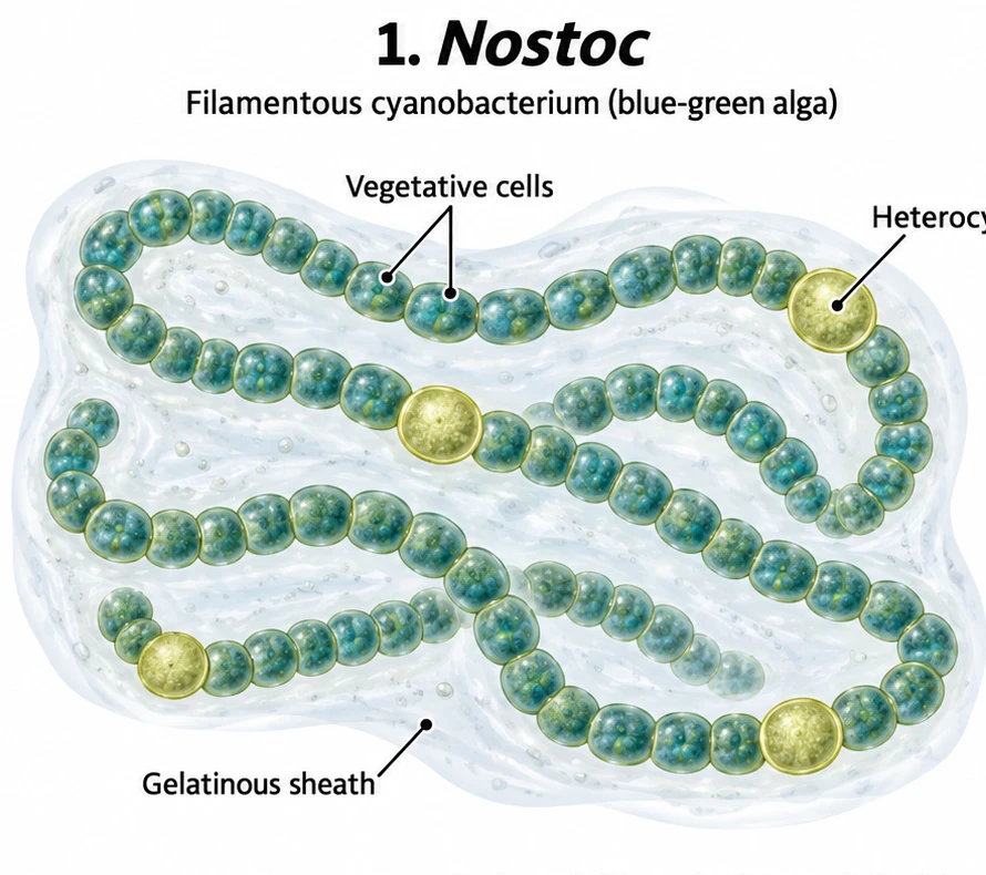 A Nostoc filament of bead-like vegetative cells coiled inside a gelatinous sheath, with larger pale yellow heterocysts labelled
