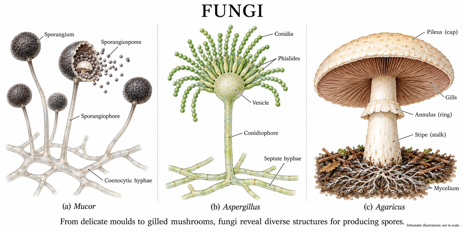 Three labelled fungi: Mucor with dark round sporangia releasing sporangiospores above coenocytic hyphae, Aspergillus with chains of green conidia on phialides around a vesicle above septate hyphae, and a white-capped Agaricus mushroom showing pileus, gills, annulus, stipe and mycelium