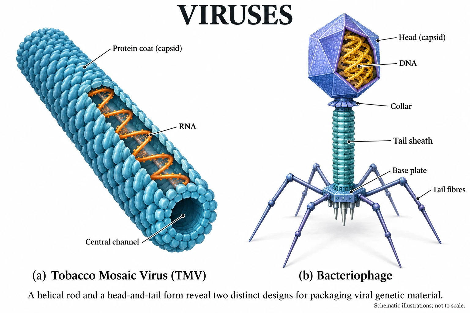 Tobacco mosaic virus as a rod of protein capsid subunits around a helical RNA strand, with a central channel, and a bacteriophage with a polyhedral head containing DNA, collar, tail sheath, base plate and tail fibres