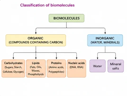 Flow chart: biomolecules divided into organic compounds (carbohydrates, lipids, proteins, nucleic acids) and inorganic compounds (water, mineral salts)