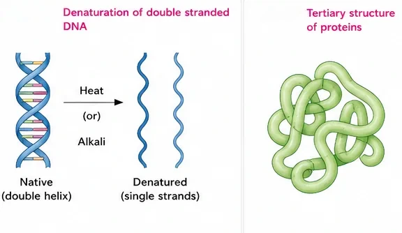 Native double-helix DNA separating into two single strands on heating or with alkali, and a folded tertiary protein structure