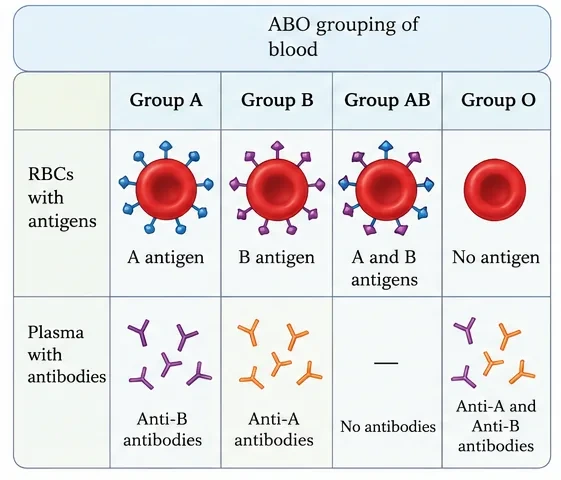 Table showing groups A, B, AB and O with the antigens present on their red blood cells and the antibodies present in their plasma