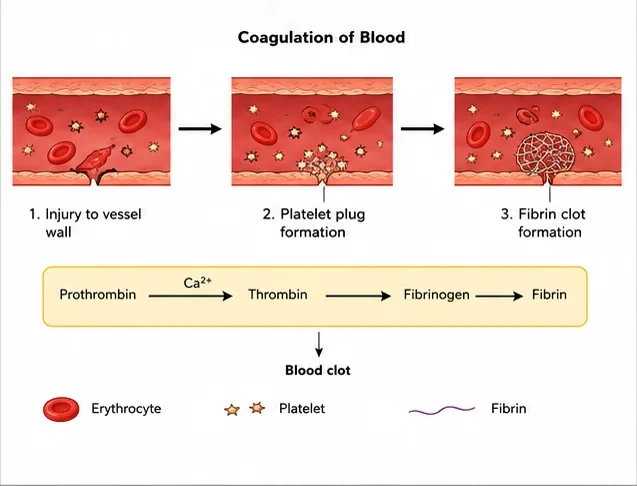 Three stages of blood clotting: injury to the vessel wall, platelet plug formation and fibrin clot formation, with the pathway prothrombin to thrombin and fibrinogen to fibrin