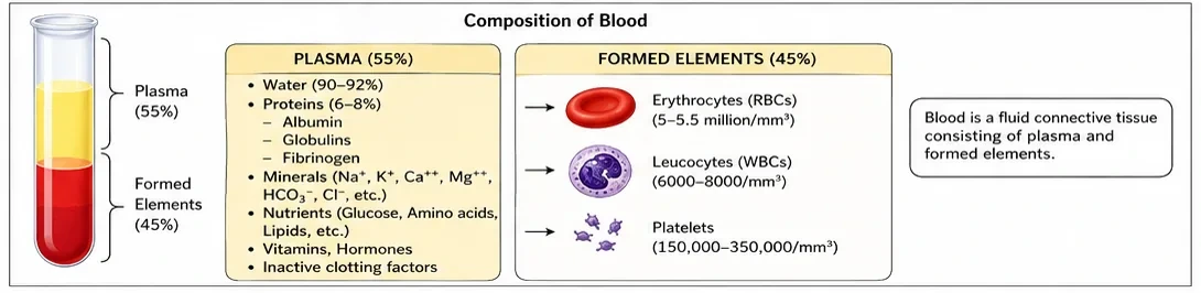 Test tube of centrifuged blood with plasma (55 percent) on top and formed elements (45 percent) below, beside lists of plasma constituents and counts of erythrocytes, leucocytes and platelets