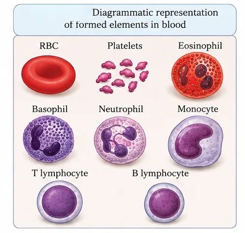 Diagram of the formed elements of blood: a red blood cell, platelets, an eosinophil, a basophil, a neutrophil, a monocyte, a T lymphocyte and a B lymphocyte