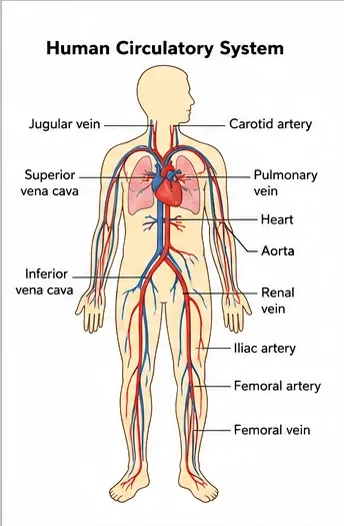 Outline of the human body showing the heart, lungs and major blood vessels including the jugular vein, carotid artery, superior and inferior vena cava, pulmonary vein, aorta, renal vein, iliac artery and femoral artery and vein