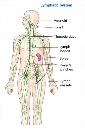 Lymphatic system of the human body with adenoids, tonsils, thoracic duct, lymph nodes, spleen, Peyer's patches and lymph vessels
