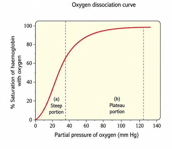 Oxygen dissociation curve of haemoglobin with a steep portion at low partial pressure of oxygen and a plateau portion at high partial pressure