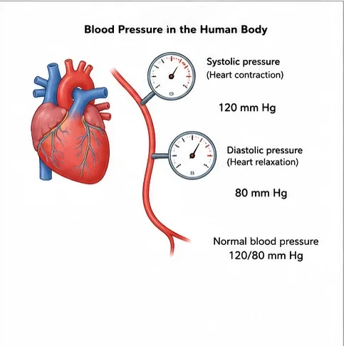 Illustration of the heart and an artery with pressure gauges showing systolic pressure of 120 mm Hg and diastolic pressure of 80 mm Hg, normal blood pressure 120/80 mm Hg