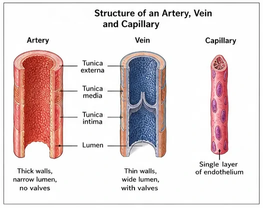 Cut-away views of an artery with thick walls and narrow lumen, a vein with thin walls, wide lumen and valves, and a capillary made of a single layer of endothelium