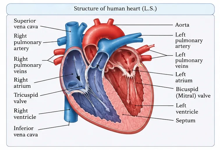 Longitudinal section of the human heart showing the superior and inferior vena cava, right atrium, tricuspid valve, right ventricle, septum, left atrium, bicuspid valve, left ventricle, aorta and pulmonary vessels