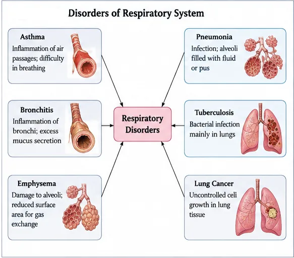 Six respiratory disorders: asthma, bronchitis, emphysema, pneumonia, tuberculosis and lung cancer, each with a short description