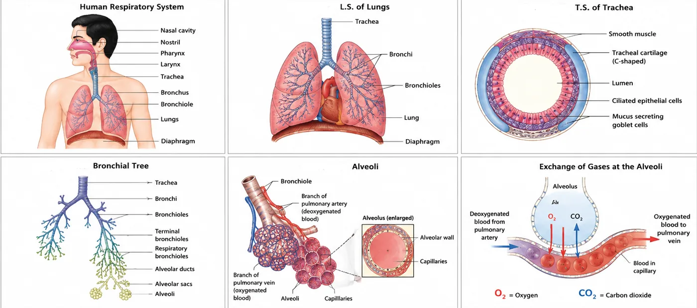 Six panels: the human respiratory system, longitudinal section of lungs, transverse section of the trachea with C-shaped cartilage and ciliated epithelium, the bronchial tree, alveoli with pulmonary blood vessels, and exchange of gases at an alveolus