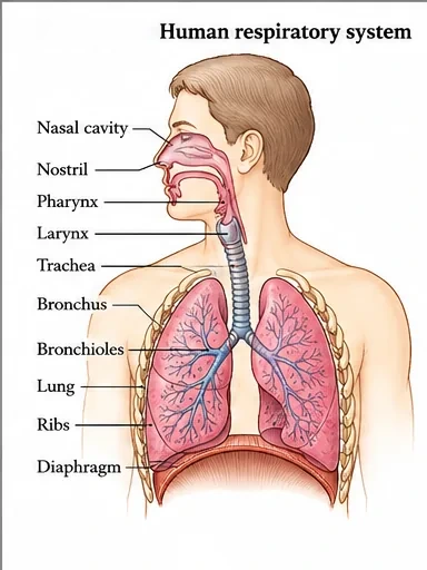 Human respiratory system showing the nasal cavity, nostril, pharynx, larynx, trachea, bronchus, bronchioles, lungs, ribs and diaphragm