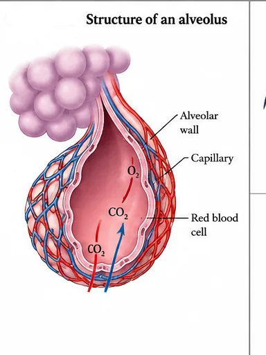 An alveolus surrounded by capillaries, with oxygen diffusing from the alveolus into red blood cells and carbon dioxide diffusing from the blood into the alveolus